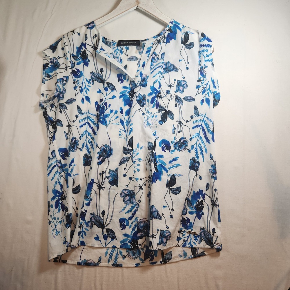 Ivanka Trump Blue White Floral Split V-Neck Sleeveless Blouse Top Office Wear